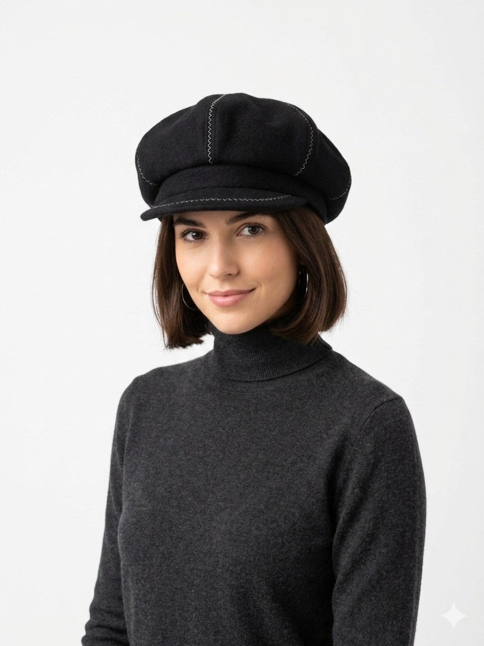 New York Hat & Cap Co Black Wool Contrast Stitch Newsboy Cap USA vintage Y2K - Picture 1 of 8